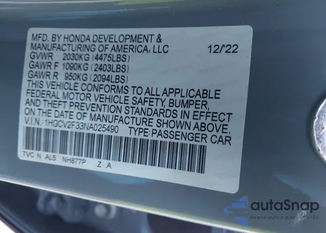 2022 Honda Accord Sport 2.0T z USA, uszkodzony, nr VIN 1HGCV2F33NA025490